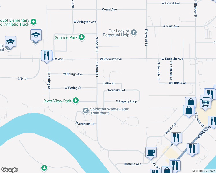 map of restaurants, bars, coffee shops, grocery stores, and more near 319 West Bering Street in Soldotna