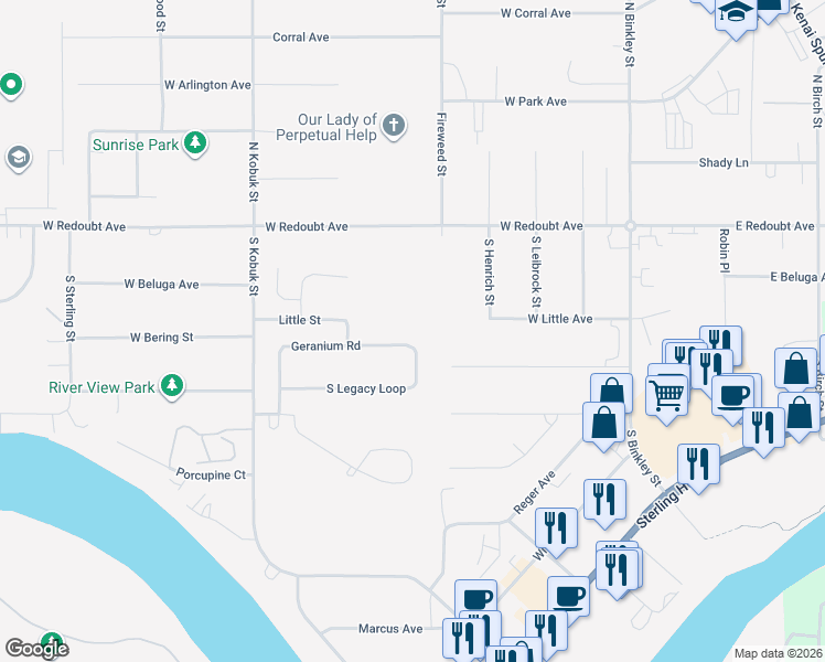 map of restaurants, bars, coffee shops, grocery stores, and more near 222 Geranium Road in Soldotna
