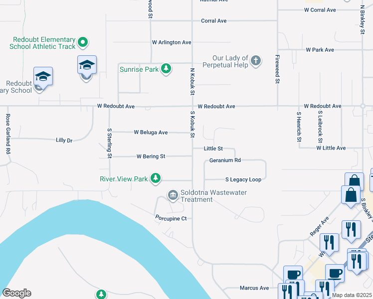 map of restaurants, bars, coffee shops, grocery stores, and more near 335 West Bering Street in Soldotna