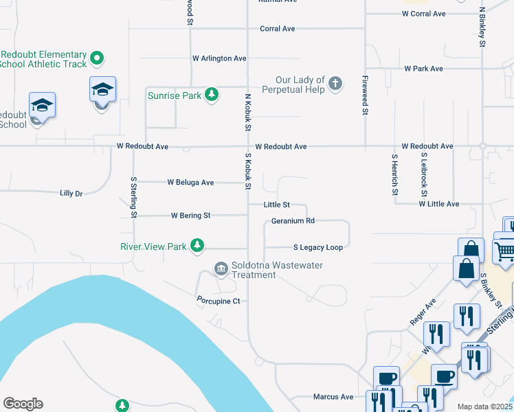 map of restaurants, bars, coffee shops, grocery stores, and more near 319 West Bering Street in Soldotna