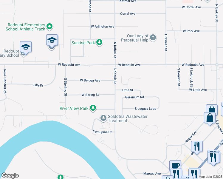 map of restaurants, bars, coffee shops, grocery stores, and more near 335 West Bering Street in Soldotna