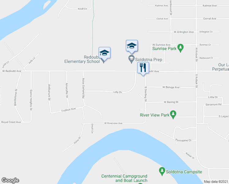 map of restaurants, bars, coffee shops, grocery stores, and more near 502 Lilly Drive in Soldotna