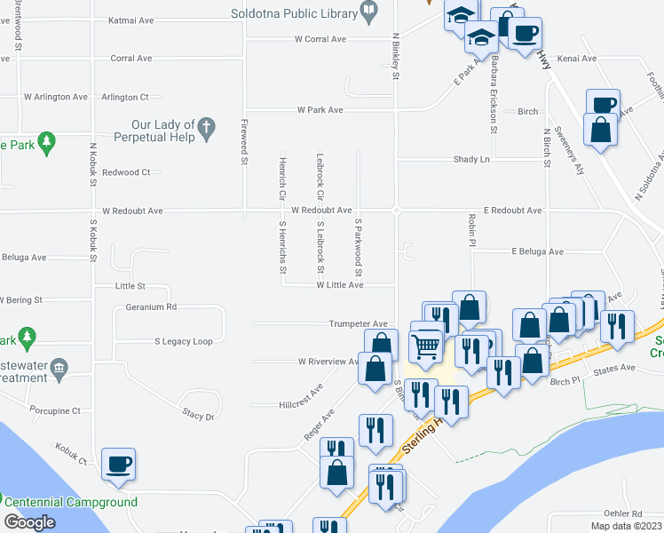 map of restaurants, bars, coffee shops, grocery stores, and more near 177 West Little Avenue in Soldotna