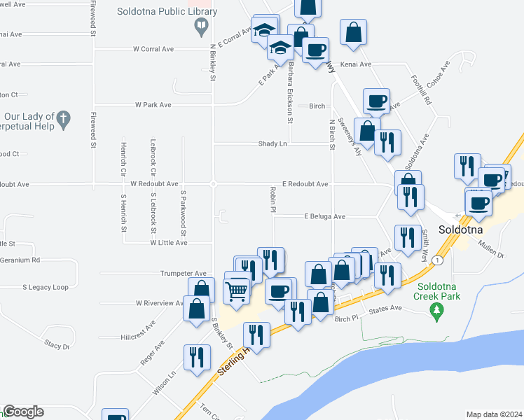 map of restaurants, bars, coffee shops, grocery stores, and more near 154 South Binkley Street in Soldotna