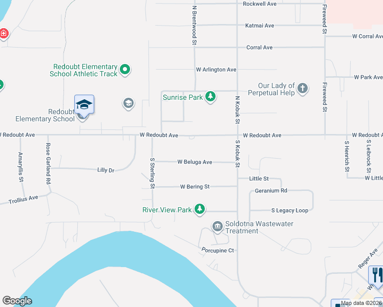 map of restaurants, bars, coffee shops, grocery stores, and more near 378 West Beluga Avenue in Soldotna