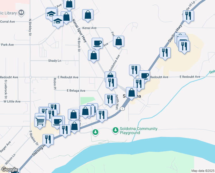 map of restaurants, bars, coffee shops, grocery stores, and more near 113 Smith Way in Soldotna