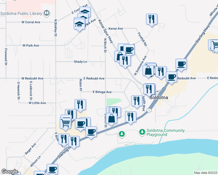 map of restaurants, bars, coffee shops, grocery stores, and more near 168 East Beluga Avenue in Soldotna