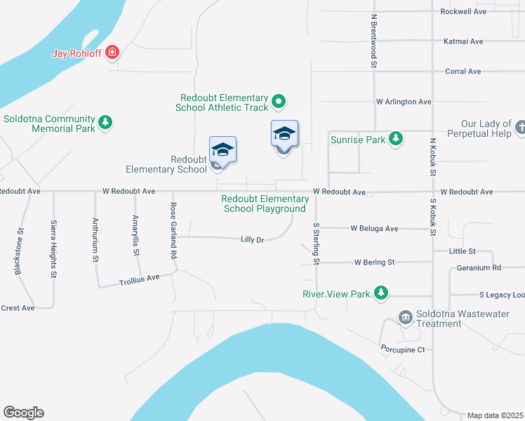 map of restaurants, bars, coffee shops, grocery stores, and more near 445 West Redoubt Avenue in Soldotna