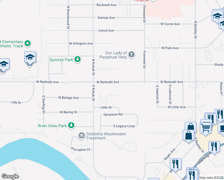 map of restaurants, bars, coffee shops, grocery stores, and more near 271 West Redoubt Avenue in Soldotna
