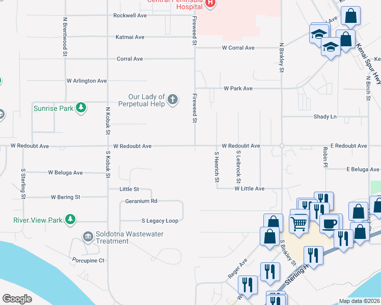map of restaurants, bars, coffee shops, grocery stores, and more near 105 South Fireweed Street in Soldotna
