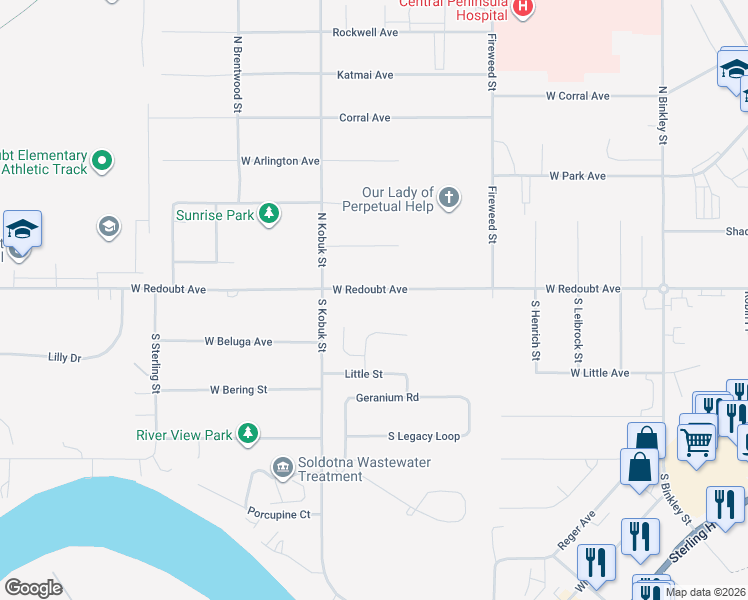 map of restaurants, bars, coffee shops, grocery stores, and more near 271 West Redoubt Avenue in Soldotna