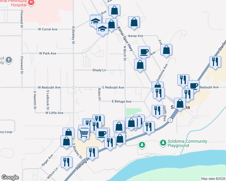 map of restaurants, bars, coffee shops, grocery stores, and more near 177 East Redoubt Avenue in Soldotna