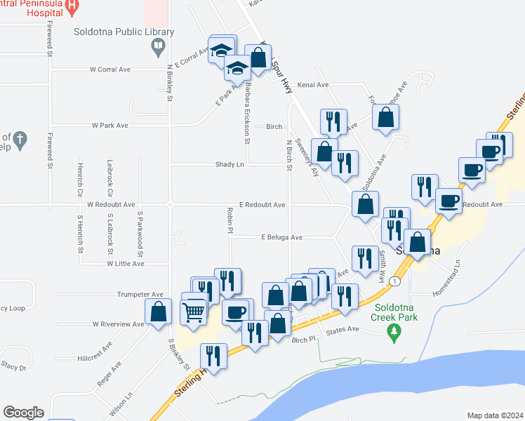 map of restaurants, bars, coffee shops, grocery stores, and more near 177 East Redoubt Avenue in Soldotna