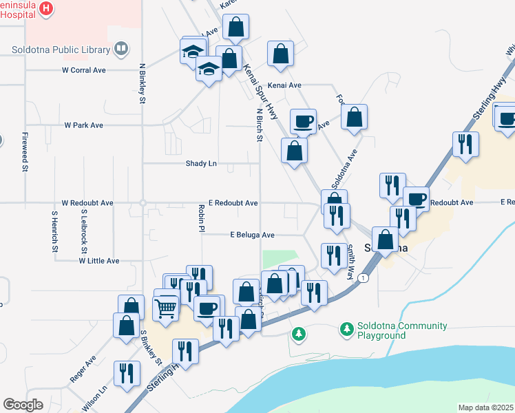 map of restaurants, bars, coffee shops, grocery stores, and more near 168 East Beluga Avenue in Soldotna