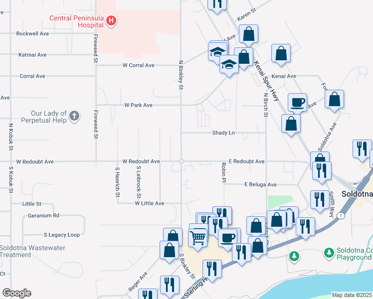 map of restaurants, bars, coffee shops, grocery stores, and more near 112 North Binkley Street in Soldotna