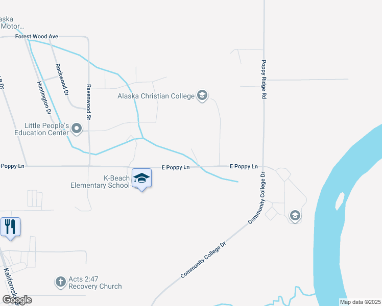 map of restaurants, bars, coffee shops, grocery stores, and more near 46736 E Poppy Ln in Soldotna