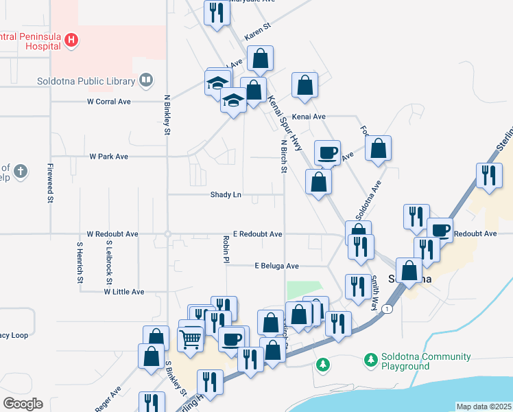 map of restaurants, bars, coffee shops, grocery stores, and more near 177 Shady Lane in Soldotna