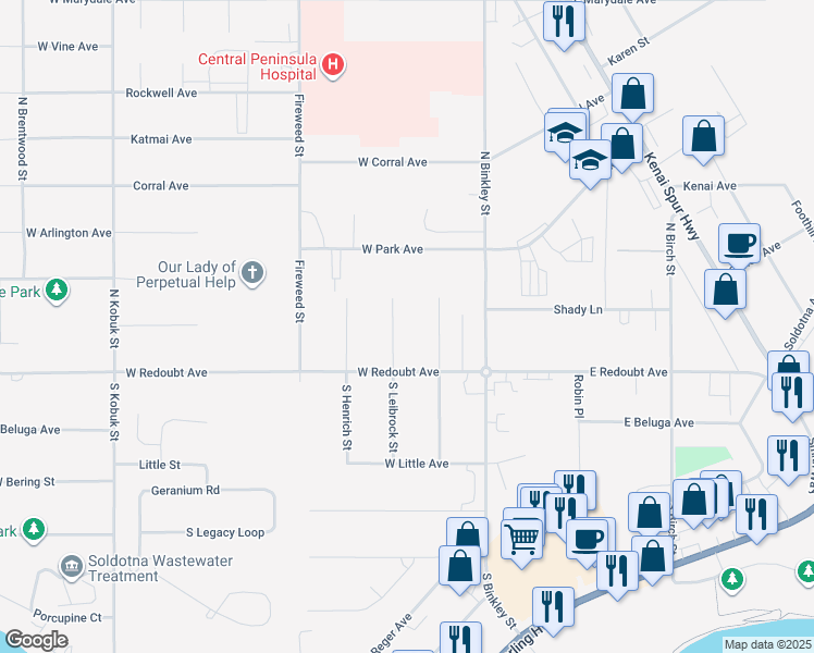 map of restaurants, bars, coffee shops, grocery stores, and more near 116 Henrich Circle in Soldotna