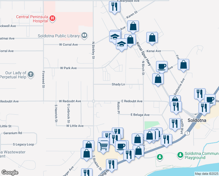 map of restaurants, bars, coffee shops, grocery stores, and more near 112 North Binkley Street in Soldotna