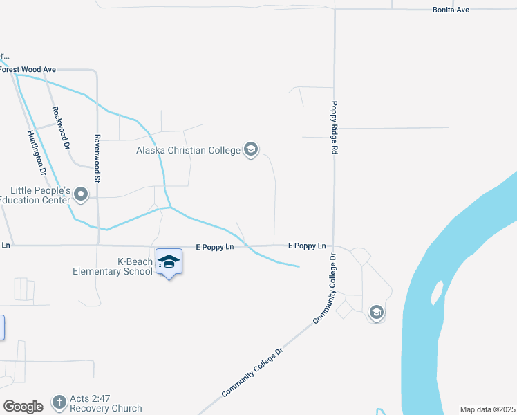 map of restaurants, bars, coffee shops, grocery stores, and more near 46736 East Poppy Lane in Soldotna