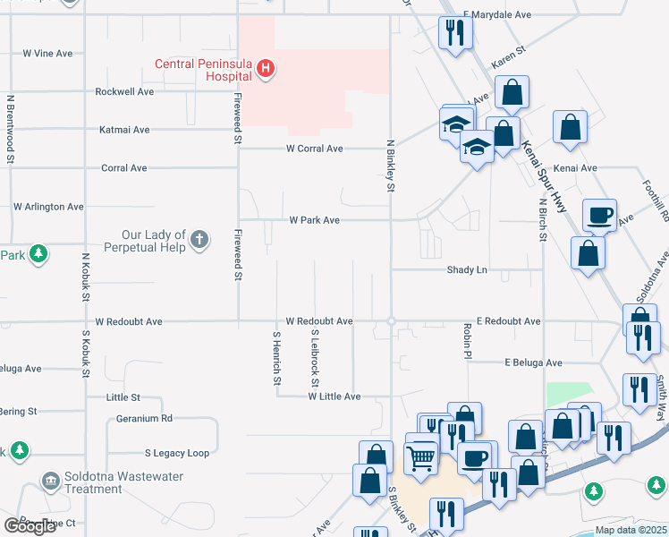 map of restaurants, bars, coffee shops, grocery stores, and more near 116 Henrich Cir in Soldotna
