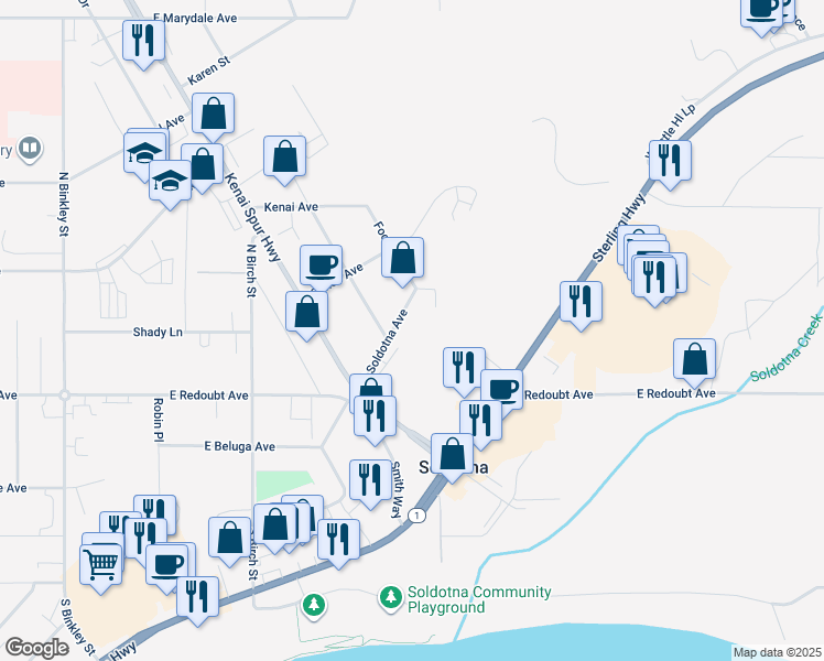 map of restaurants, bars, coffee shops, grocery stores, and more near 35036 Kenai Spur Highway in Soldotna
