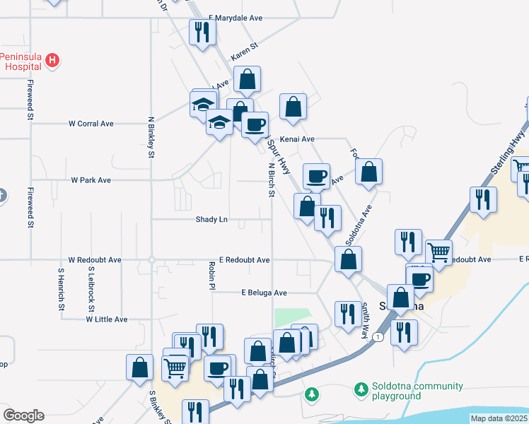 map of restaurants, bars, coffee shops, grocery stores, and more near 134 North Birch Street in Soldotna