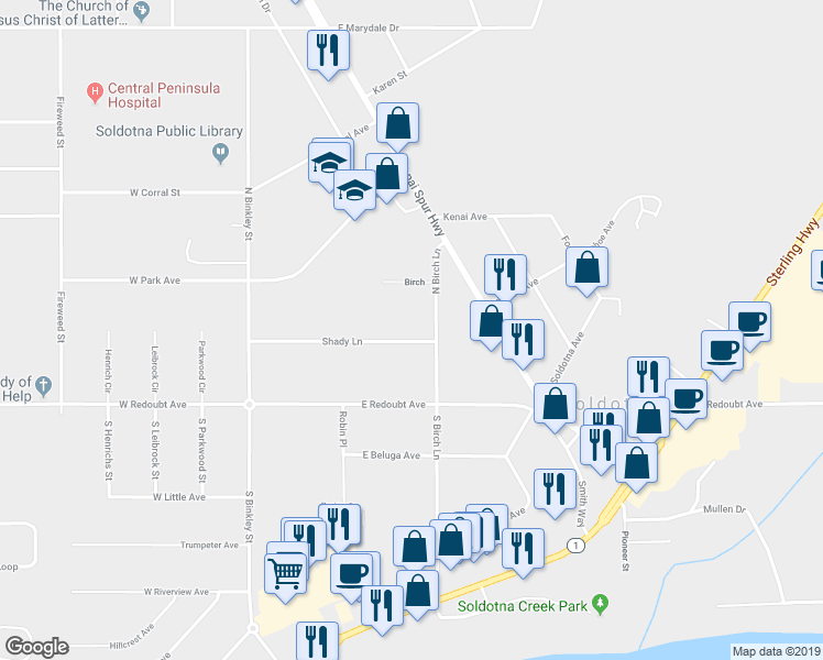 map of restaurants, bars, coffee shops, grocery stores, and more near 177 Shady Lane in Soldotna