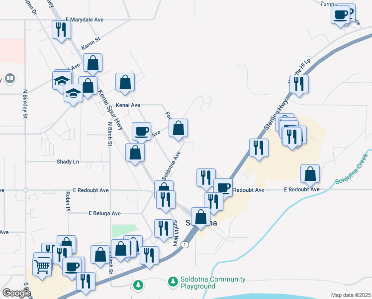 map of restaurants, bars, coffee shops, grocery stores, and more near 35036 Kenai Spur Highway in Soldotna