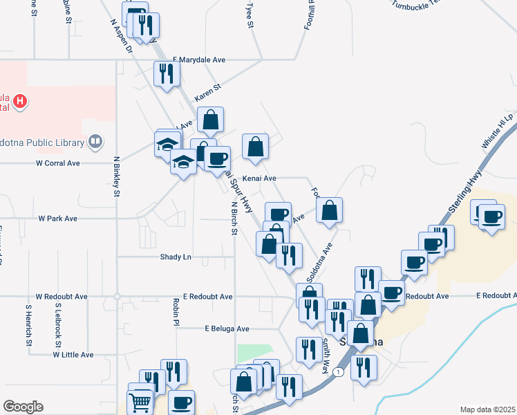 map of restaurants, bars, coffee shops, grocery stores, and more near 35186 Kenai Spur Highway in Soldotna