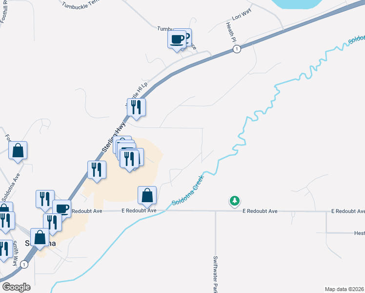 map of restaurants, bars, coffee shops, grocery stores, and more near 501 Sharkathmi Avenue in Soldotna
