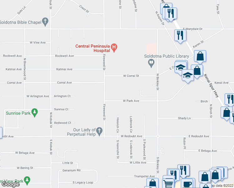 map of restaurants, bars, coffee shops, grocery stores, and more near 174 West Park Avenue in Soldotna