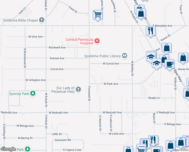 map of restaurants, bars, coffee shops, grocery stores, and more near 174 West Park Avenue in Soldotna
