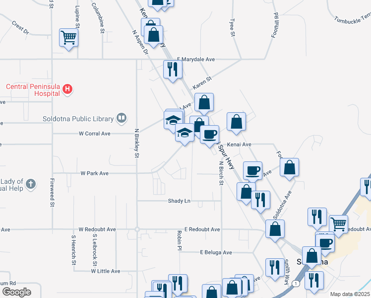 map of restaurants, bars, coffee shops, grocery stores, and more near 143 East Park Avenue in Soldotna