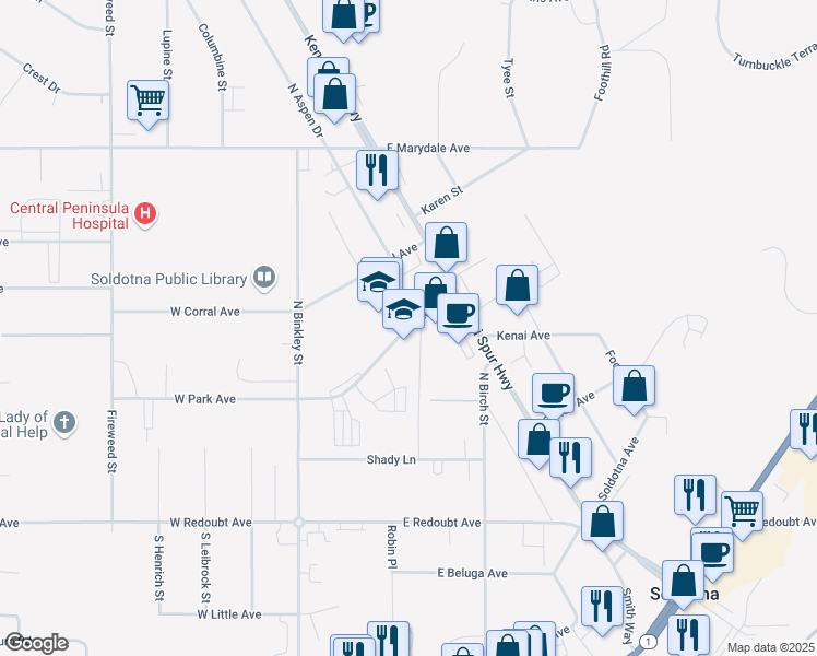 map of restaurants, bars, coffee shops, grocery stores, and more near 143 East Park Avenue in Soldotna