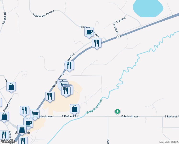 map of restaurants, bars, coffee shops, grocery stores, and more near 232 John Henry Drive in Soldotna