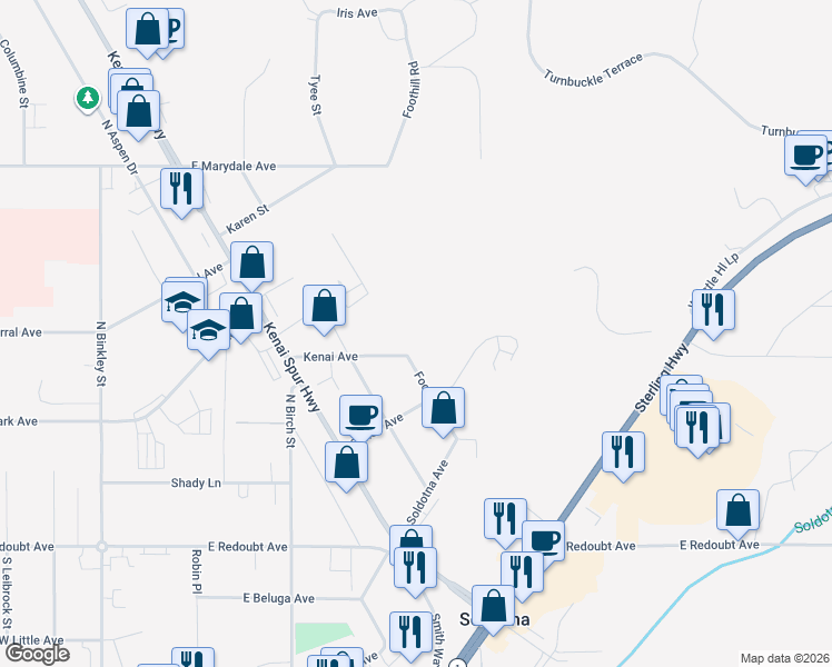 map of restaurants, bars, coffee shops, grocery stores, and more near 218 Foothill Road in Soldotna