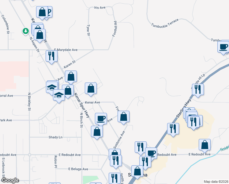 map of restaurants, bars, coffee shops, grocery stores, and more near 218 Foothill Road in Soldotna