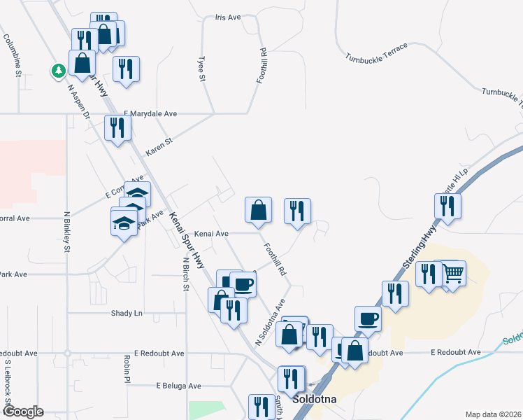 map of restaurants, bars, coffee shops, grocery stores, and more near 218 Foothill Road in Soldotna