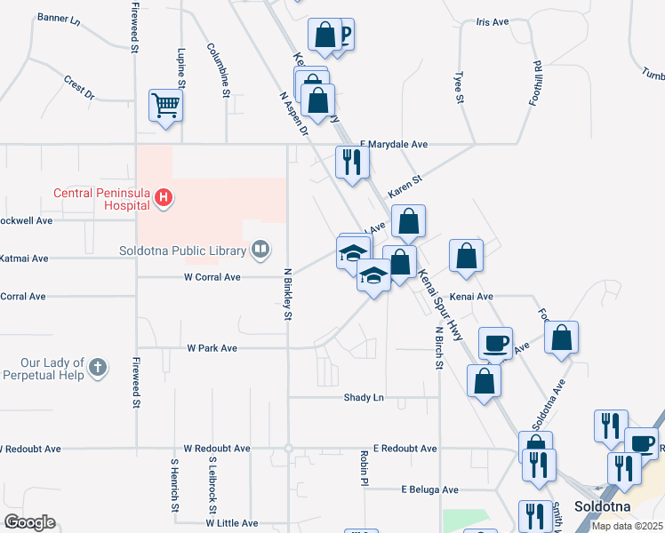 map of restaurants, bars, coffee shops, grocery stores, and more near 105 East Corral Avenue in Soldotna