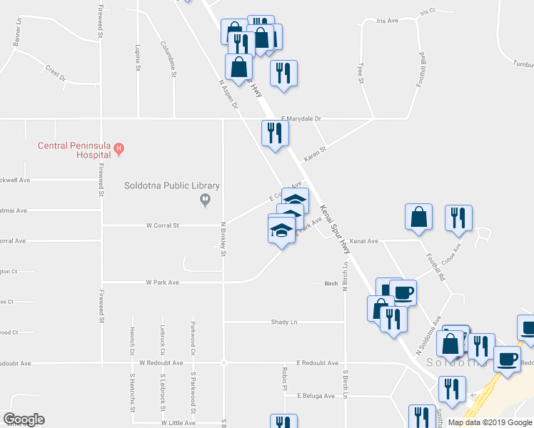 map of restaurants, bars, coffee shops, grocery stores, and more near 105 East Corral Avenue in Soldotna