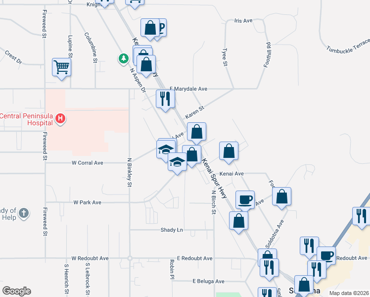 map of restaurants, bars, coffee shops, grocery stores, and more near 35333 Kenai Spur Highway in Soldotna