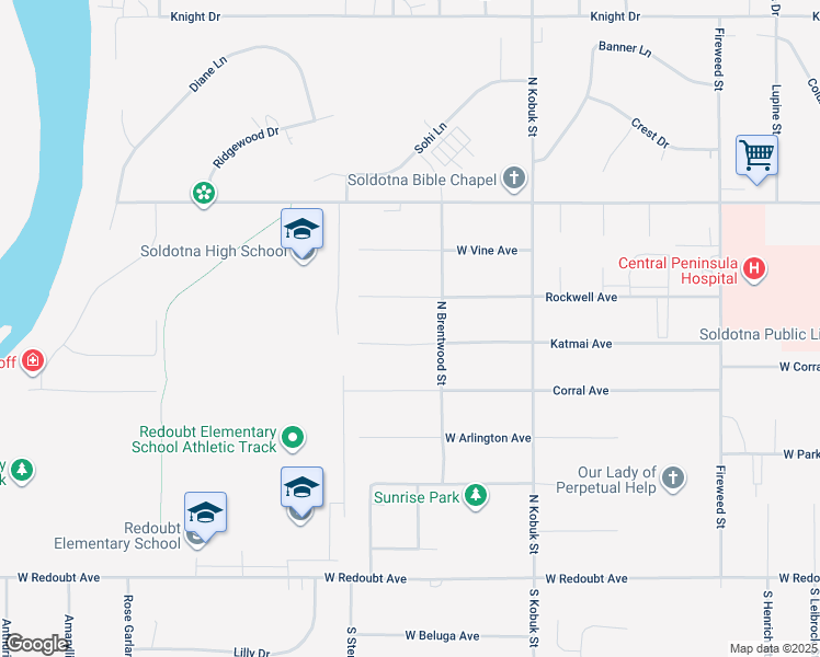 map of restaurants, bars, coffee shops, grocery stores, and more near 397 Katmai Avenue in Soldotna