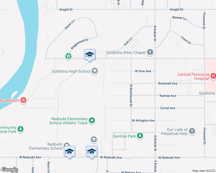 map of restaurants, bars, coffee shops, grocery stores, and more near 397 Rockwell Avenue in Soldotna