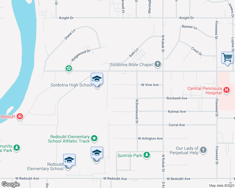 map of restaurants, bars, coffee shops, grocery stores, and more near 391 West Vine Avenue in Soldotna