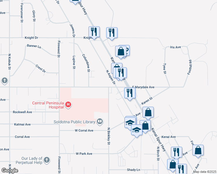 map of restaurants, bars, coffee shops, grocery stores, and more near 101 West Marydale Avenue in Soldotna