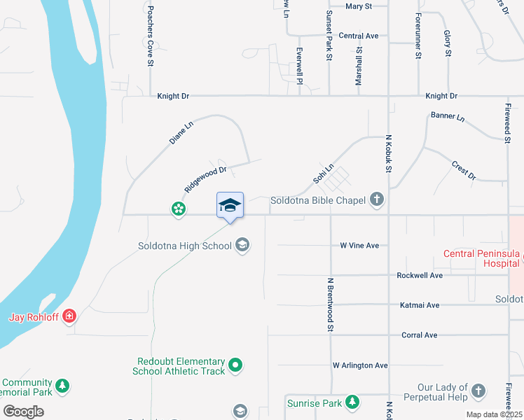 map of restaurants, bars, coffee shops, grocery stores, and more near 396 Sohi Lane in Soldotna