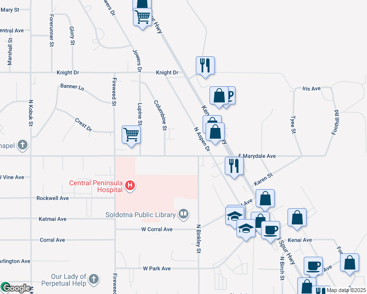 map of restaurants, bars, coffee shops, grocery stores, and more near 101-139 West Marydale Avenue in Soldotna