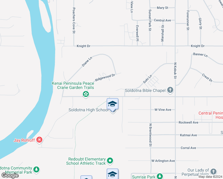 map of restaurants, bars, coffee shops, grocery stores, and more near 392 Sohi Lane in Soldotna