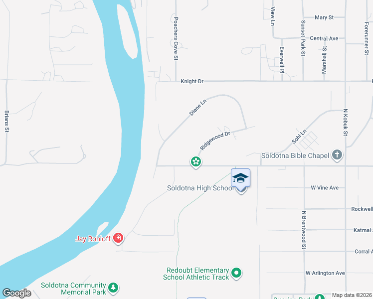 map of restaurants, bars, coffee shops, grocery stores, and more near 315 Ridgewood Drive in Soldotna